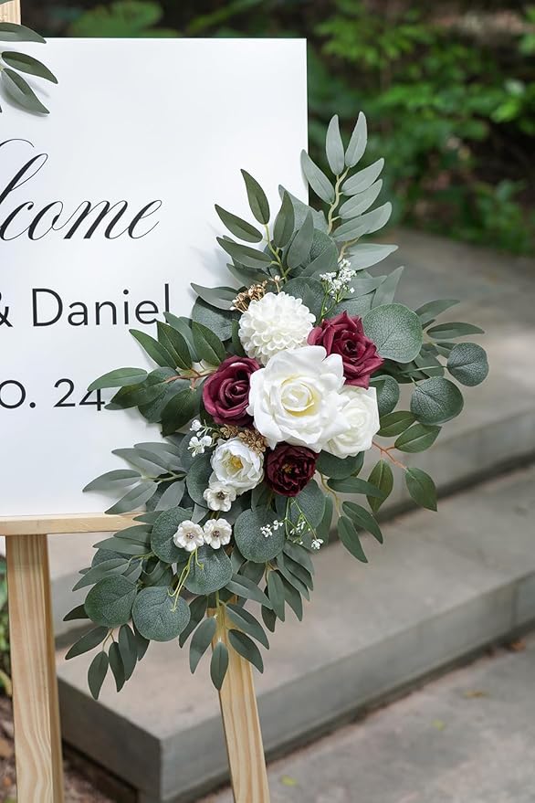 Olalaka Artificial Burgundy Flower Swag Set of 2 for Wedding Welcome Signs Floral Decorations, Wedding Arch Flowers for Wedding Ceremony, Ivory Wedding Flower