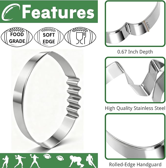 Football Cookie Cutter, Stainless Steel with Sawtooth Detail - Oval American Football Baking Tool for Tailgate, Sports Theme Party Treats, Fan Gifts (4x2.8 inch)