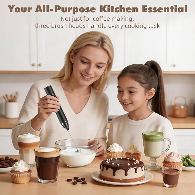Milk Frother Handheld Rechargeable - 3 Speeds Electric Coffee Frother with 3 Replaceable Whisks, USB-C Portable Foam Maker with Storage Case for Latte, Cappuccino, Egg, Protein Shakes