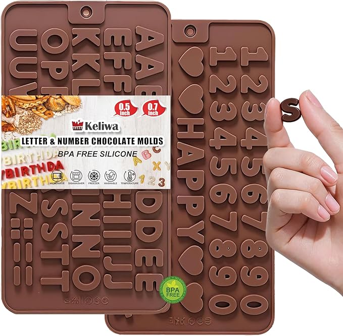 2pcs Silicone Letter Mold and Number Chocolate Molds with Happy Birthday Cake Decorations Symbols,Small Mini Size for Alphabet Decorating Strawberries Lollipop Fondant, Heart Shaped Gift Choice