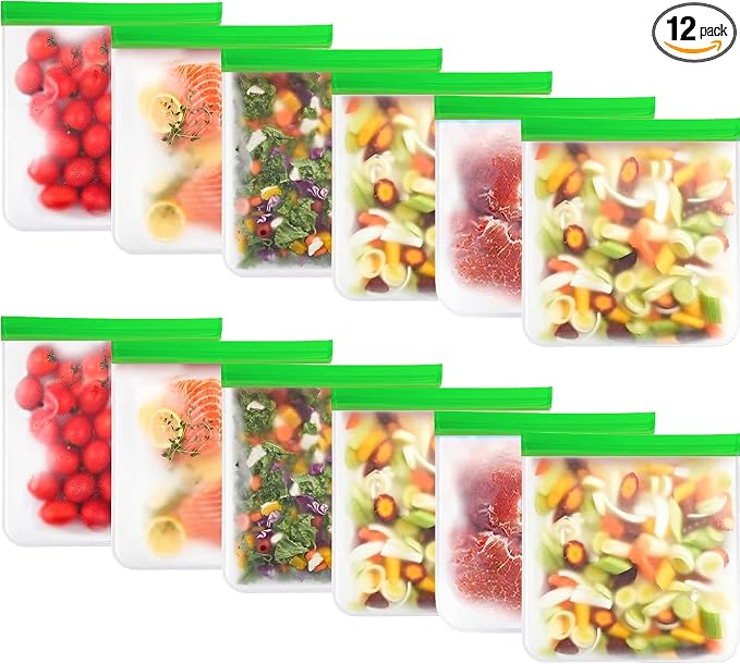 12-Pack Reusable Silicone Gallon Ziplock Freezer Bags – Extra Thick & BPA-Free, Leakproof, Stand-Up & Dishwasher Safe – Large Food Storage Bags for Meal Prep, Marinating, & Kitchen Organization