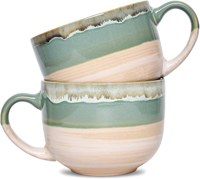 Bosmarlin Large Ceramic Coffee Mug Set of 2, Stoneware Jumbo Latte Mugs for Office and Home, 16 Oz, Dishwasher and Microwave Safe(Green, 2)