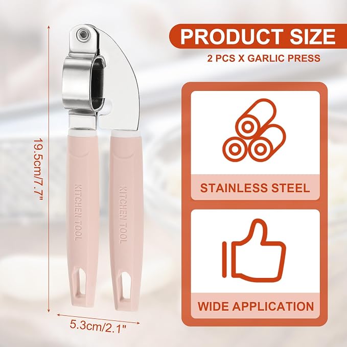 uxcell 2pcs Garlic Press, 7.7 Inch Stainless Steel Garlic Crusher and Peeler for Home Cooks and Professional Chefs, Pink