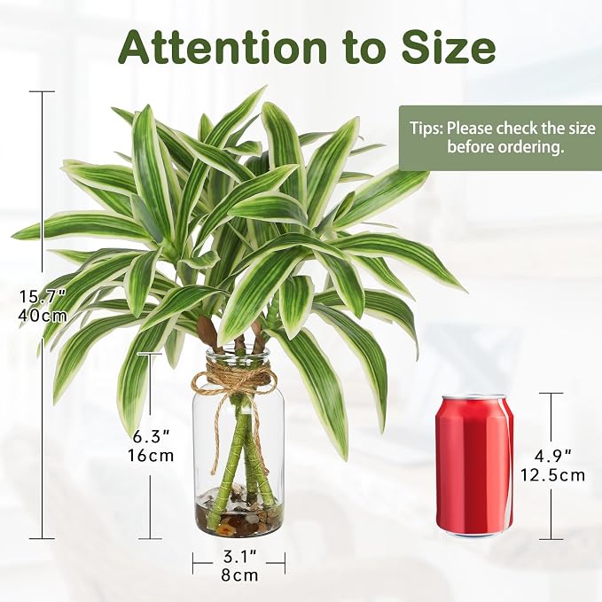 Faux Greenery Stems in Vase Dracaena Aritificial Plant in Glass Vase with Faux Water & Stones 15.7" Small Potted Plants Arrangement Centerpieces for Farmhouse Kitchen Dinner Tables Greenery Decor