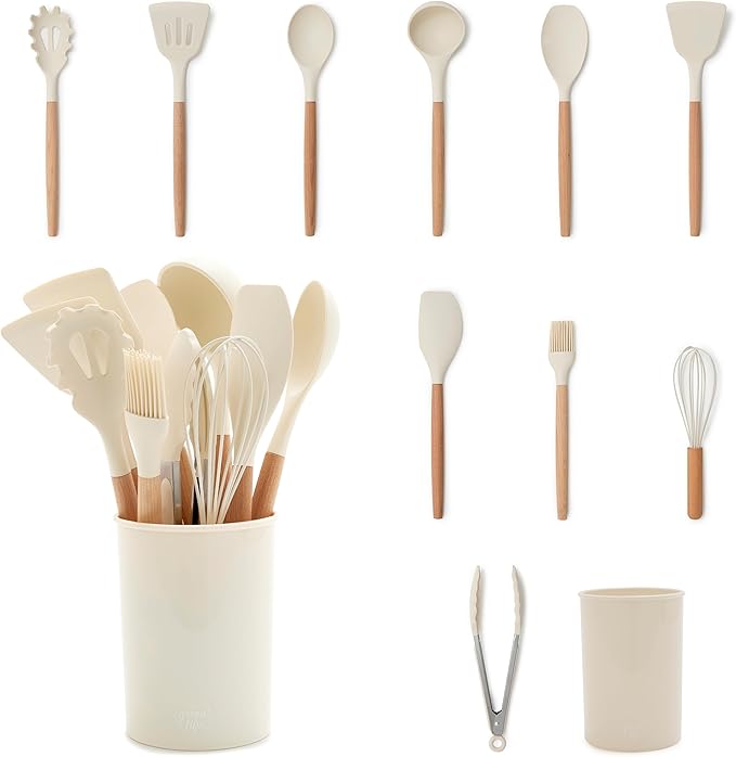 GreenLife 11 Piece Silicone Utensil Crock Set, Nonstick Kitchen Tools, Ladle, Turner, Slotted Turner, Spatula, Spoon, Spaghetti Server, Brush, Whisk, Tongs, Crock, Cream White