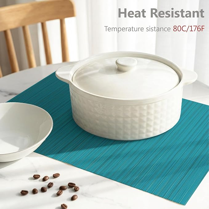 AHHFSMEI Placemats Set of 6 Woven Vinyl Non-Slip Heat Resistant Stain Resistant Easy Clean Place mats for Dining Table(Turquoise)