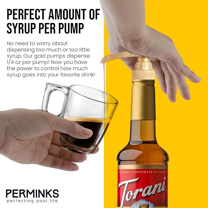 6 pack Coffee Syrup Pump Dispenser (Gold) - Compatible with Torani, Davinci and Skinny Syrup Bottles (750 ml 25.4 oz Bottles)