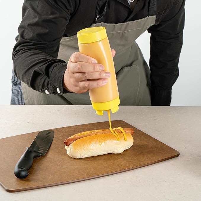Restaurantware Plastic Squeeze Bottle 20 oz Refillable Condiment Bottle Large Valve Dishwashable Yellow Inverted Sauce Dispenser For Thick Condiments, Dressings, Batter, Sour Cream, And Syrups