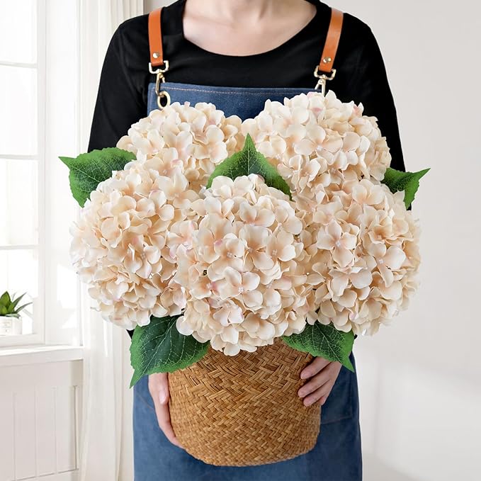 JINWOE 5Pcs Silk Hydrangea Artificial Flowers, 20Inch Light Coffee Boho Large Lifelike Flowers, Porch Halloween Artificial Hydrangeas for Bouquet Table Centerpieces Floral Arrangements Home Wedding