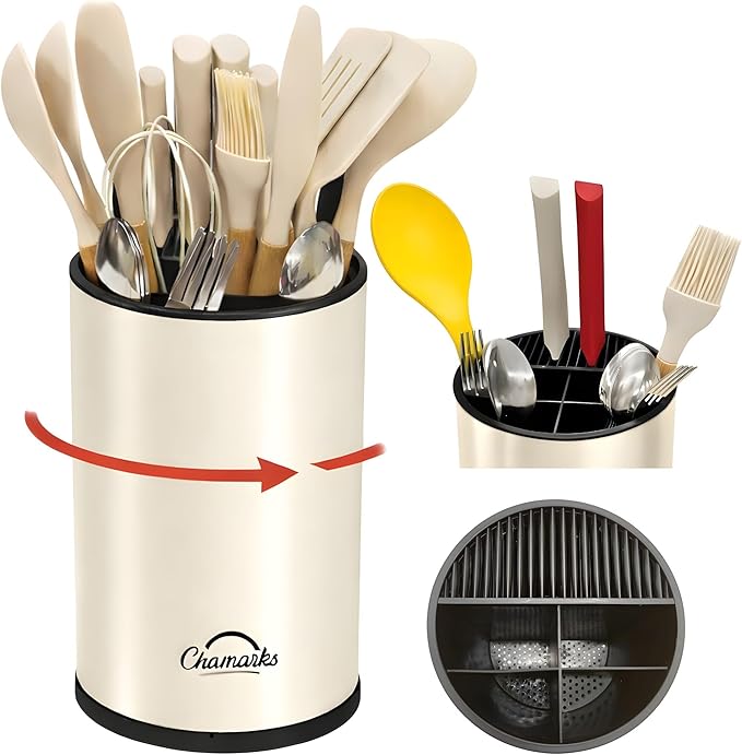3-in-1 Kitchen Utensil Holder for Countertop with Knife Block and Silverware Caddy. (Cream)