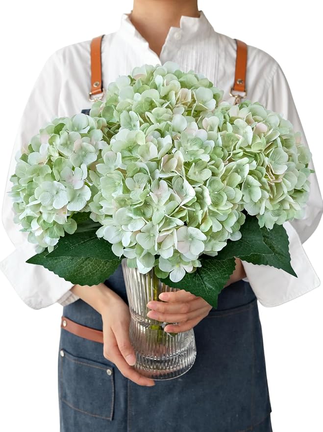 JINWOE Light Green Silk Hydrangea Artificial Flowers, 4PCS 21" Large Lifelike Faux Silk Flowers, Full Artificial Hydrangeas for Bouquet Table Centerpieces Indoor Spring Outdoor Home