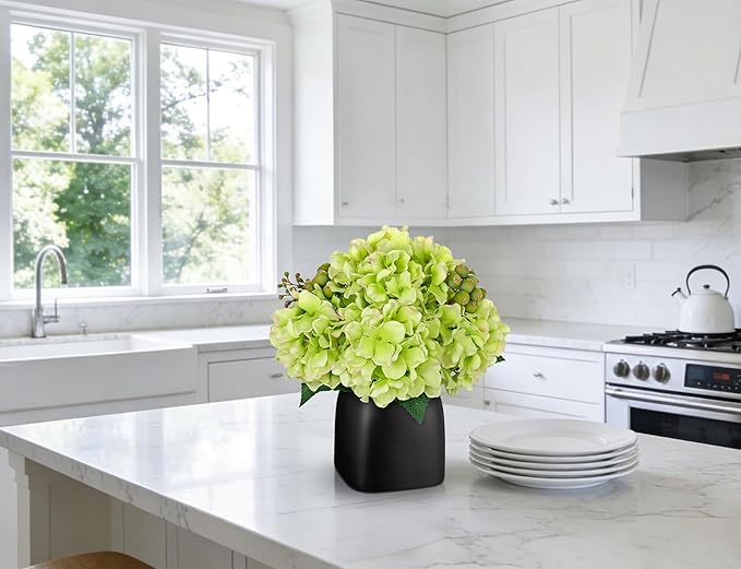 Briful Artificial Green Hydrangea Arrangement in Matte Black Vase, Faux Floral Centerpiece with Green Berry, Modern Farmhouse Table Decor for Dining Room, Entryway, Living Room, Kitchen Coffee Office