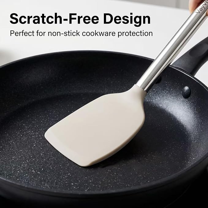 Vayvnt 4PCS Silicone Kitchen Cooking Utensils Set for Nonstick Pan, Khaki | Slotted Solid Turner Spoon, Stainless Steel Handle, Heat Resistant Up to 480℉, Non-toxic, Odorless, Dishwasher Safe