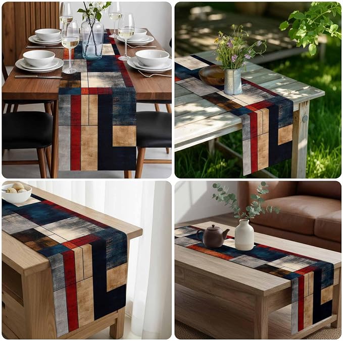 Vintage Geometric Table Runner - 120 Inch Long Modern Abstract Aesthetics Cotton and Linen Blended Dress Scarves Farmhouse Table Runner for Kitchen Dining, Coffee Table, 13" x 120"