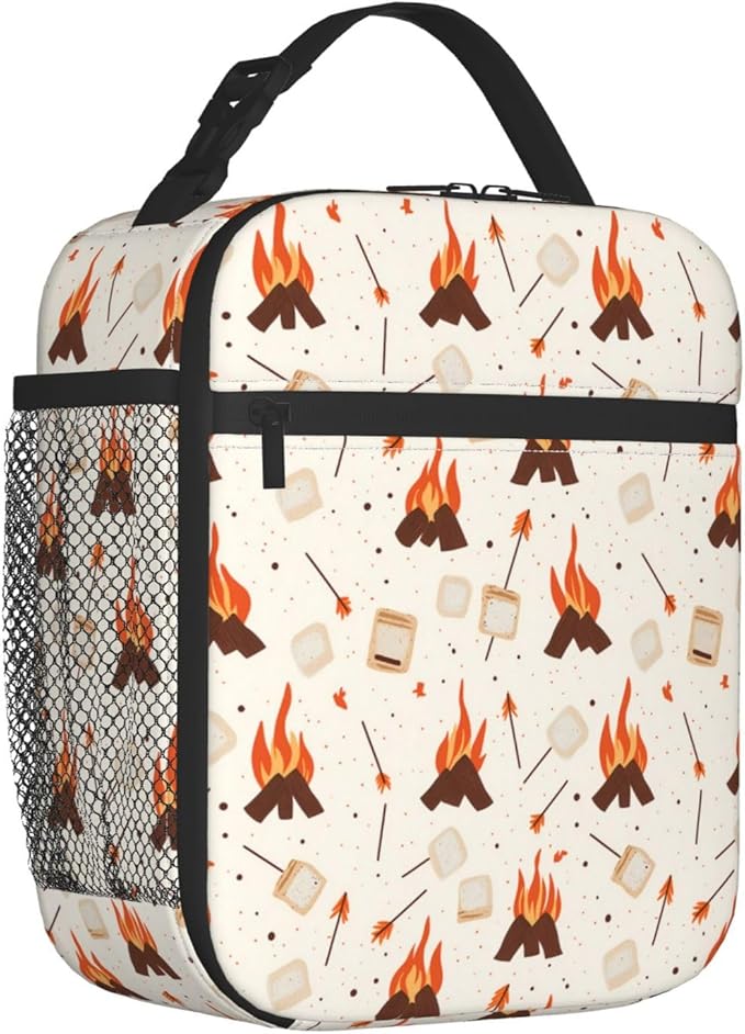Reusable Campfire Lunch Box for Kids Girls Boys Women Adult, Insulated Fun Camping Lunch Bag,Polyester Cooler Handbags Case for School Picnic Work Travel Beach or Hiking