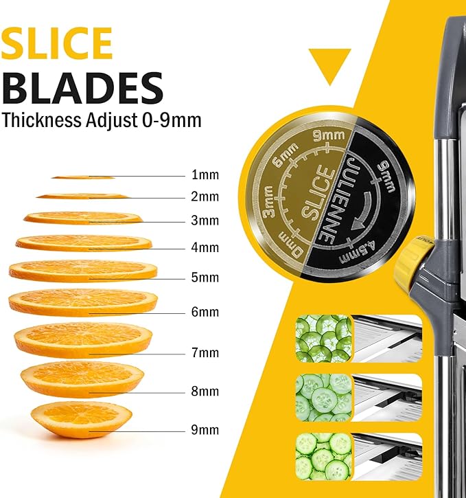 Masthome Adjustable Mandoline Food Slicer, Mandoline Slicer for Kitchen, Stainless Steel Mandolin, Fruit and Vegetable Cutter with Cut-Resistant Gloves and Cleaning Brush-Yellow