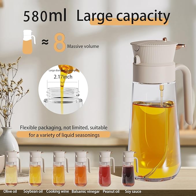 2026 New 19.6oz/580ml Olive Oil Sprayer for Cooking, Leak Glass Olive Oil Dispenser Bottle, 2 in 1 Oil Dispenser and Oil Sprayer, Switch Between Mist & Precision Pour for Air Fryer, BBQ, Salad,Baking