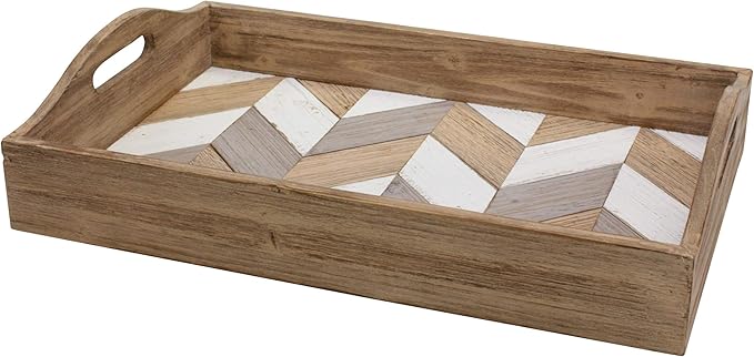 Stonebriar Decorative Rectangle Multicolor Chevron Wood Tray with Handles, 18" x 12"