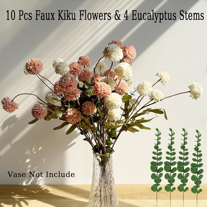 10pcs Faux White & Pink Kiku Flowers, 5 Heads Each Stem & 4 Branches Eucalyptus Stems, Artificial Small Mini Chrysanthemum Flowers for Aesthetic Room Decor, Floral Arrangements Centerpiece
