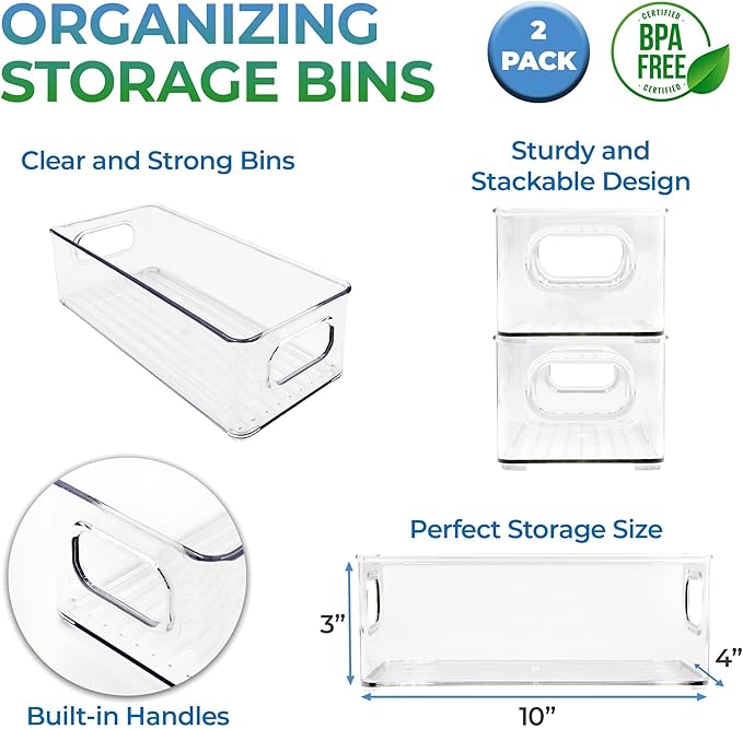 Emagoods Clear Storage Bins with Handles - Stackable Closet Organizers Pantry Organization BPA Free Fridge Organizer Set for Cabinets, Kitchen or Bathroom (A1402)