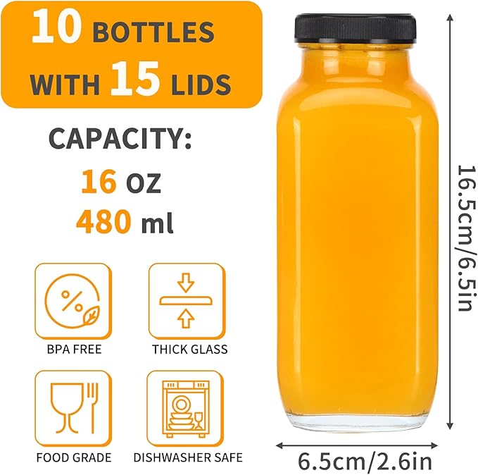 CUCUMI 10pcs 16oz Glass Juice Bottles with Lids, Reusable Juice Containers Drinking Jars Water Cups with Brush, Glass Straws, Lids with Hole | 10pcs