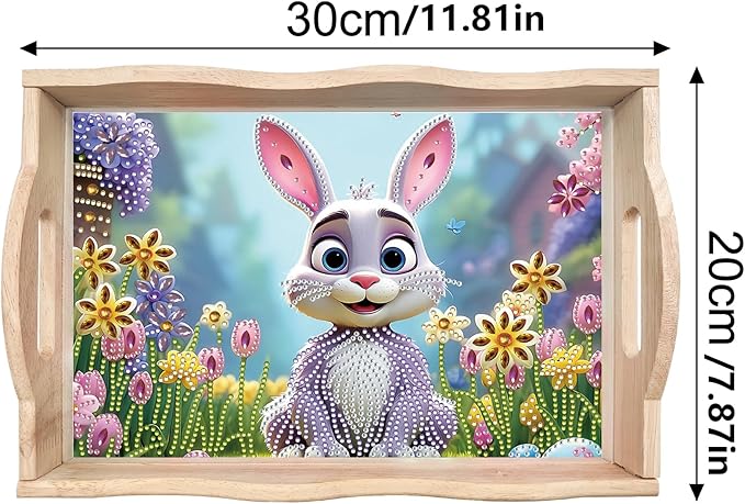 BAYUNOE DIY Diamond Serving Tray Rectangular Breakfast Tray with Handle Handmade Diamond Art Painting Wooden Tray Spring Creative Dinner Plate Coffee Room Living Home Organizer-Easter Bunny