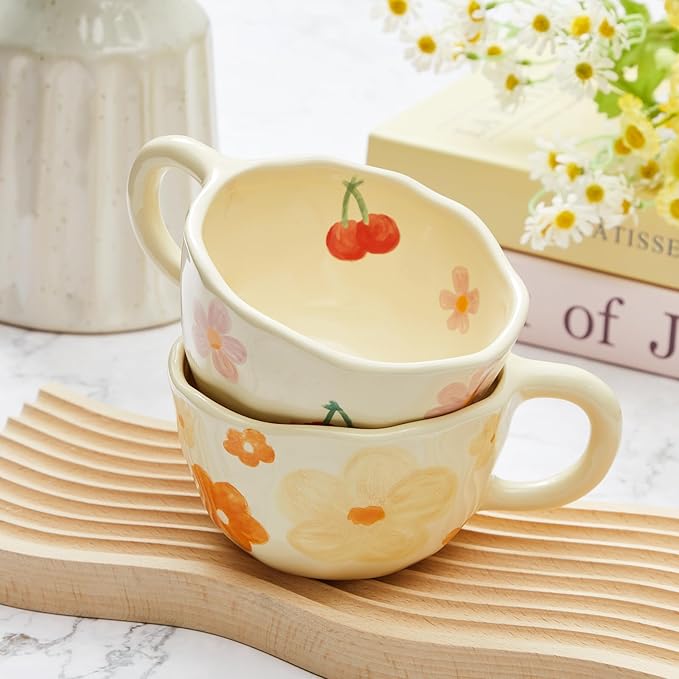 Vesici 2 Pcs Ceramic Coffee Mugs with Spoon, Vintage Floral Spring Mugs with Handle, 8.5 oz Aesthetic Flower Porcelain Tea Cup Set, Dishwasher & Microwave Safe Mothers Day Gifts for Mom(Fresh)