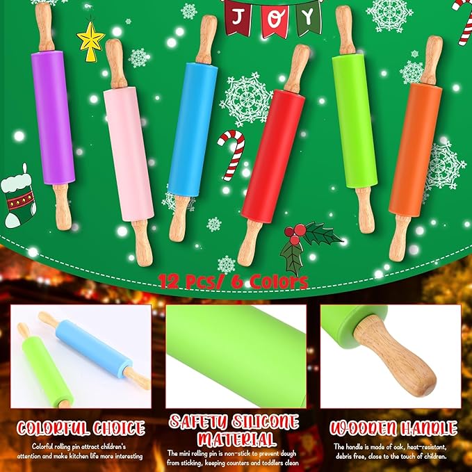 Dandat 12 Pcs Small Rolling Pin Kids 12 Inch Mini Silicone Rolling Pin for Baking Non Stick Kids Dough Roller with Wooden Handle for Kitchen Cookie Pastry Fondant Cake 6 Colors