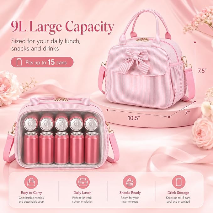LEDAOU Lunch Box for Women, Insulated Lunch Bag for Women, Cute Small Pink Lunch Tote Bag for Work with Bow, Lunch Purse with Shoulder Strap, Reusable Lunchbox for Office, Teacher, Nurse