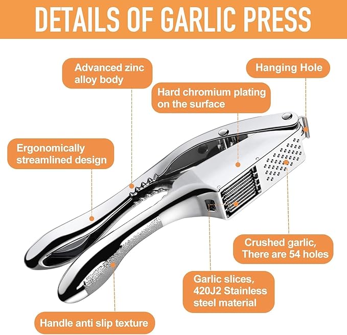 Garlic Press 2 in 1, Stainless Steel Blade, Effortlessly Crush, Slice, and Mince Garlic,with this Versatile Kitchen Tool - Perfect for Home Cooks and Professional Chefs Alike.