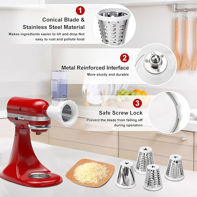 Upgraded Version - Cheese Grater Slicer Shredder Attachments for All KitchenAid Stand Mixers, Food Slicers Salad Maker Accessory Vegetable Chopper with 4 Blades Dishwasher Safe