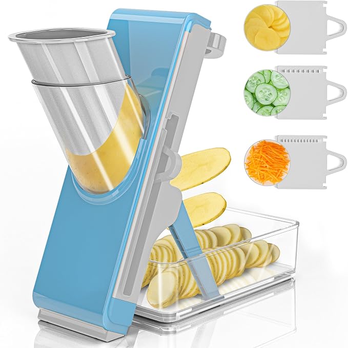 Eletronova Safe Mandoline Slicer for Kitchen, Vegetable Slicer with Container, French Fry Cutter, All in 1 Julienne Slicer for Potato, Thickness Adjustable, Detachable Blade (Light gray-blue)