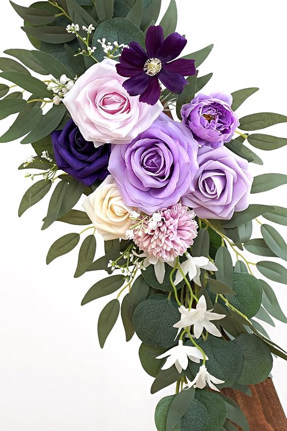Olalaka Faux Flower Swag Set of 2 for Wedding Welcome Signs Floral Decorations, Purple Wedding Arch Flowers for Wedding Ceremony (Lilac & Purple & Cream)