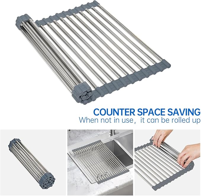 CHIRISEN Expandable Large Roll Up Dish Drying Rack 18 Tube 21.25x12.79''Collapsible Over The Sink Rack Non-Slip Silicone Rolling Dish Drainer Stainless Steel Roll Rack for Kitchen Sink Counter (Gray)
