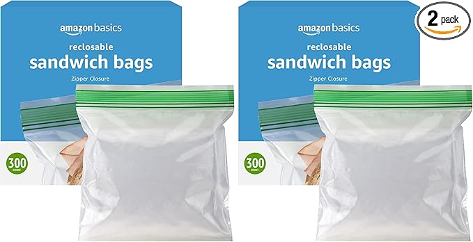 Amazon Basics Resealable Double Zipper Sandwich Storage Bags for Food Storage, (Previously Solimo), 300 Count (Pack of 2)