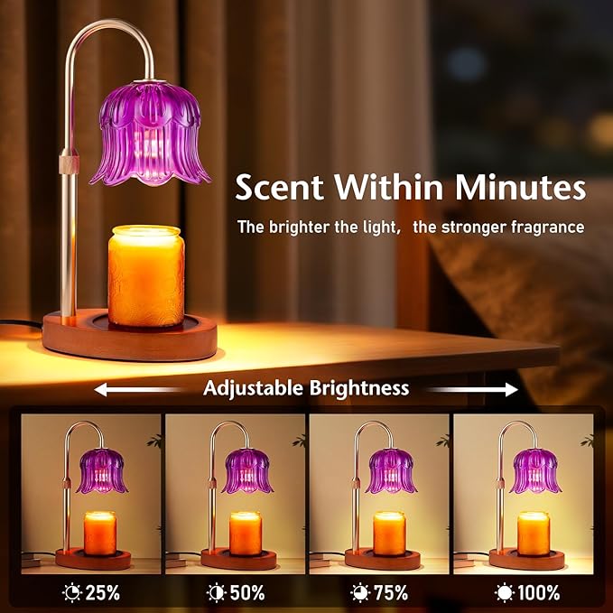 Warlisou Adjustable Candle Warmer Lamp with Timer - Purple Lampshade + Walnut Wooden Base