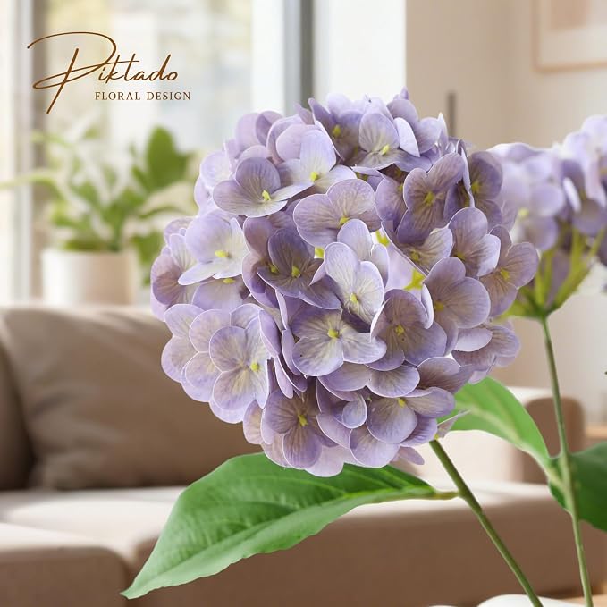 2 Bunch 21in Real Touch Hydrangea Artificial Flowers with 10pcs Flower Head 20pcs Leaves Faux Hydrangea Flowers for Home Office Decor Wedding Party Arrangements (Purple, 2 Bunch)