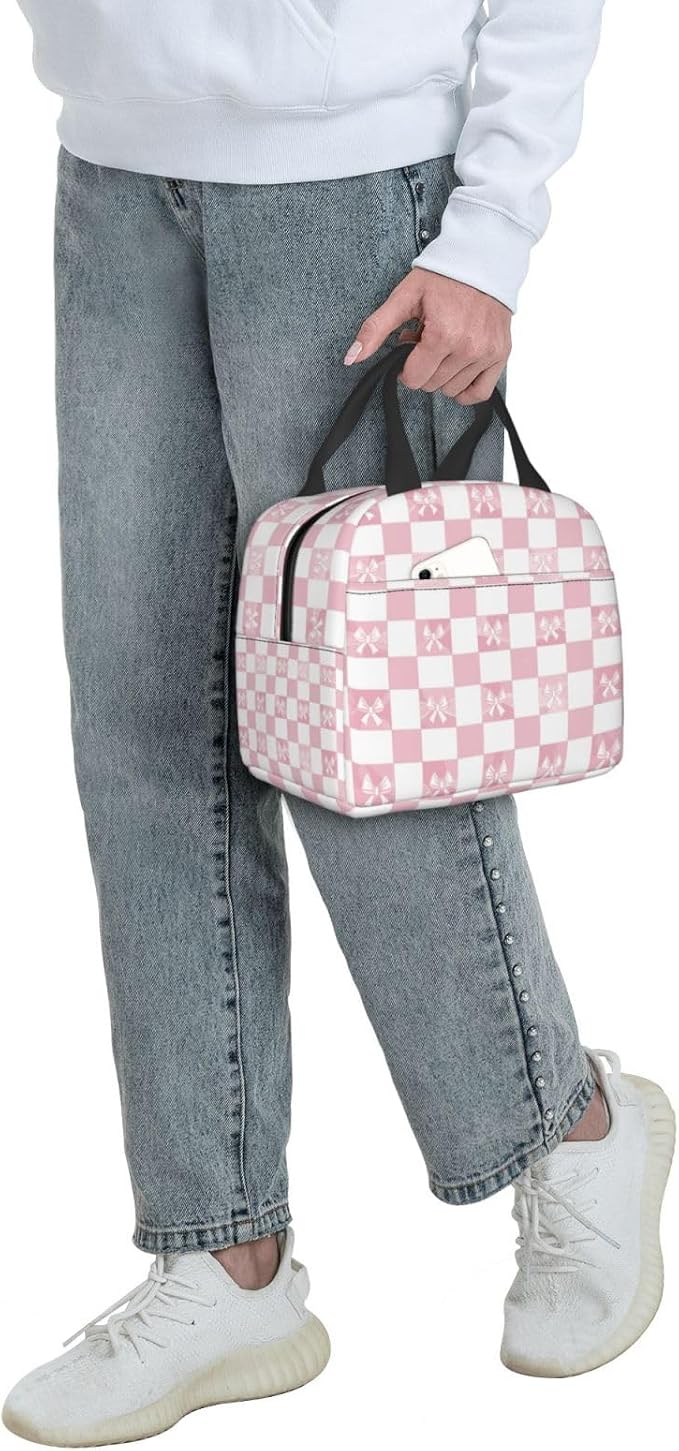 Lunch Bag Pink Check Bow Pattern Insulated Lunch Box Cooler Tote for Adults Student Boys Girls Women Men Work Office School Picnic Beach Reusable Lunchbox Over 3 Years Old