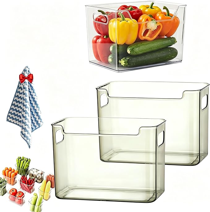 4 Pack Crystal Clear Freezer Storage Bins, Mixed Size Clear Bins for Organizing, Stackable Plastic Storage Bins with Handles, Kitchen Organizer for Refrigerator, Pantry, Cabinet (4s)