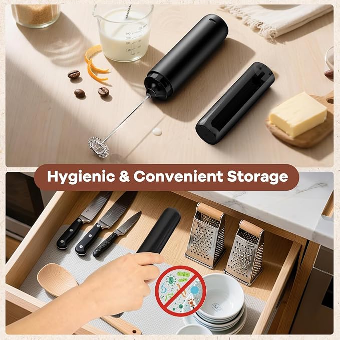 Rechargeable Milk Frother Handheld, Portable Hand Mixer Frother Wand Drink Mixer for Coffee, Latte, Matcha, Cappuccino, Frappe with cover kitchen gifts (Matte Black)