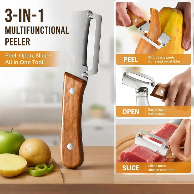 3-in-1 Vegetable Peeler with Scallion Shredder & Bottle Opener – Wide Stainless Steel Blade, Wooden Handle Julienne Cutter, Multi-Functional Kitchen Gadget for Home, Camping, Travel