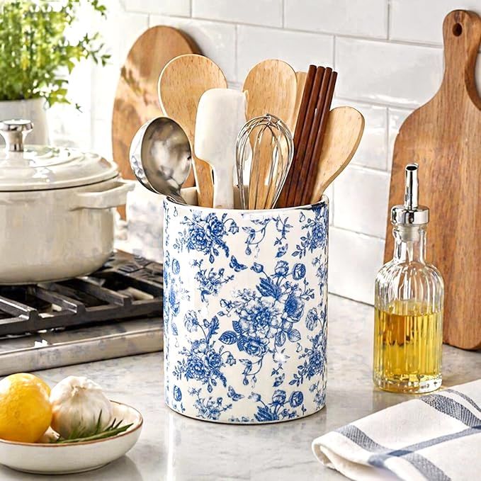 JarThenaAMCS 2Pcs Chinoiserie Floral Ceramic Utensil Holder Vintage Blue Flower Butterfly Utensil Crock for Home Kitchen Countertop Storage Organizer Container
