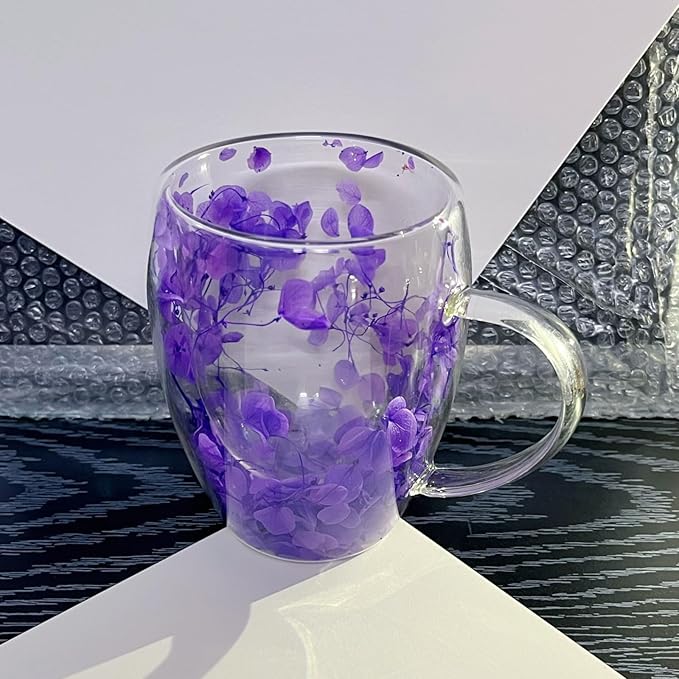 Double Walled Glass Coffee Mugs Flower Coffee Mug With Handle Insulated Heat Resistant Glass Cups Decorative 10 oz Clear Cappuccino Cup For Hot Cold Tea Milk Latte Wine Beverage (Purple)