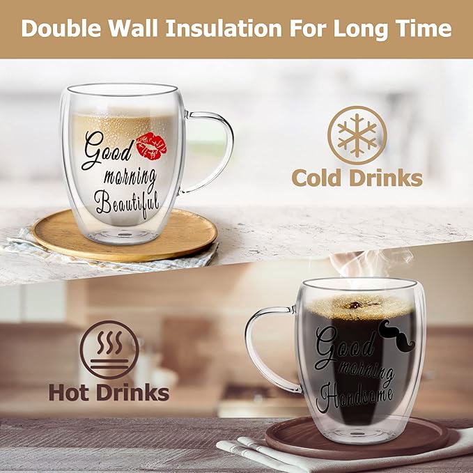 Double Wall Glass Coffee Mugs Set of 2, Clear Insulated Glass Mugs for Hot Beverages, Valentines Day Gifts, Suitable for Tea, Latte, Espresso, Cappuccino (12 oz Couple)