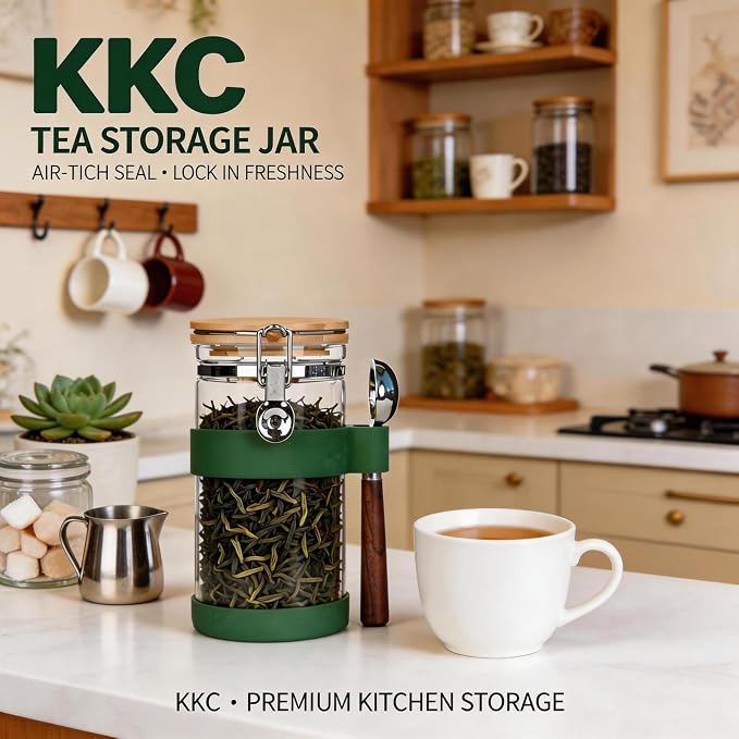 KKC 40oz Airtight Glass Tea Canister with Bamboo Lid & Scoop - Large Loose Leaf Tea Storage Jar, Preserves Freshness & Aroma - Elegant Kitchen Pantry Container for Tea Lovers
