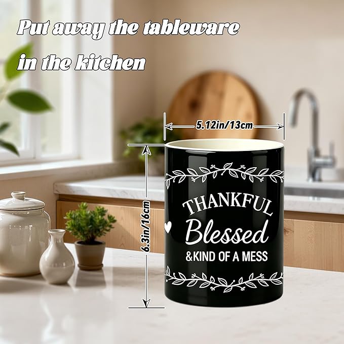 Black Utensil Holder, Ceramic Kitchen Utensil Holder, Utensil Crock for Home Kitchen Countertop Storage Organizer Container, Large Holder for Spatulas, Spoons, Kitchen Counter Decor, 6"