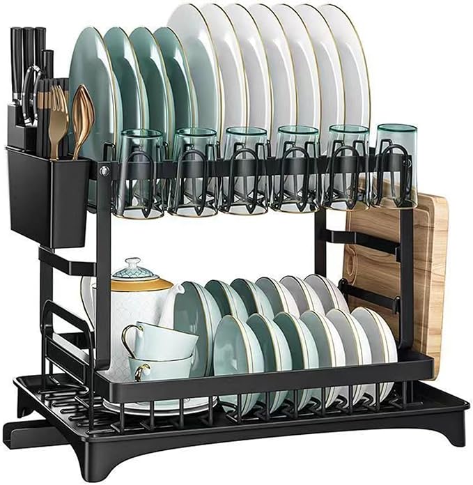 2 Tier Dish Drying Rack, Small Dish Rack for Kitchen Counter, Detachable Capacity Dish Drainer Organizer with Cutlery & Cup Holder (Black)