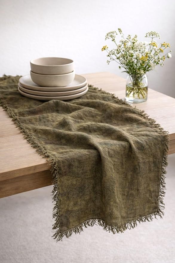 Table Runner , Linen, Moss Green Brown, Farmhouse Rustic Boho Style, for Dining Table, Kitchen, and Coffee Table Decor (Moss Green Brown, 14 x 66 Inch)