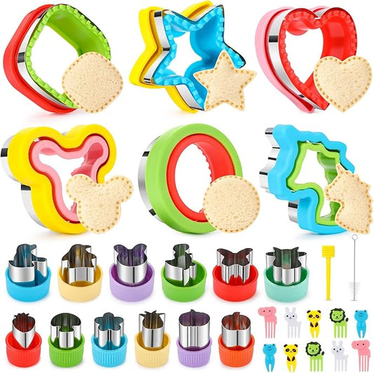 30Pcs Sandwich Cutter and Sealer for Kids Fruit Cutters Shapes Food Picks Crustless Sandwich Shape Cutters Decruster Sandwich Maker DIY Cookie Cutter Boys Girls School Bento Box