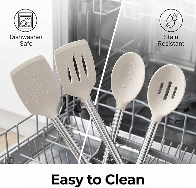 Vayvnt 4PCS Silicone Kitchen Cooking Utensils Set for Nonstick Pan, Khaki | Slotted Solid Turner Spoon, Stainless Steel Handle, Heat Resistant Up to 480℉, Non-toxic, Odorless, Dishwasher Safe